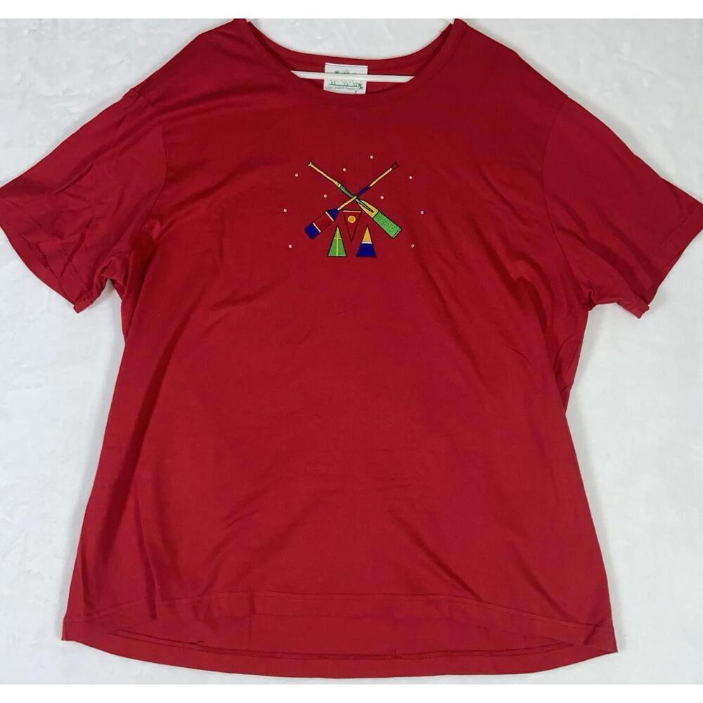 Quacker Factory Large Red Short Sleeve Rhinestone Boat Oars Shirt 100% Cotton